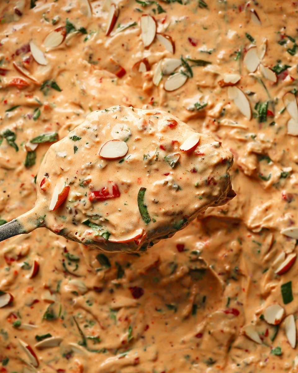 A close-up view of a thick creamy sauce covered in green herb pieces and sliced almonds, with a spoon lifting a large scoop showing a chunky, orange-pink sauce texture mixed with red and green bits. The background is of the same creamy sauce, spread evenly. The texture looks rich and somewhat smooth with visible herbs and nut slices scattered over the surface. The overall color palette is warm with orange, pink, green, and white almond slices making it visually interesting. photo taken with an iphone --ar 4:5 --v 7