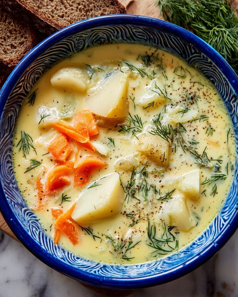 A bowl with dark blue and white swirl patterns holds a creamy soup filled with large chunks of pale yellow potatoes, thin orange carrot slices, and green dill herbs floating on top. The soup looks thick and has light green and cream colors with black pepper sprinkled on the surface. The bowl sits on a wooden table next to some pieces of light brown bread with air pockets, and a small bunch of fresh green dill is placed nearby. The background has a white marbled texture. Photo taken with an iphone --ar 4:5 --v 7