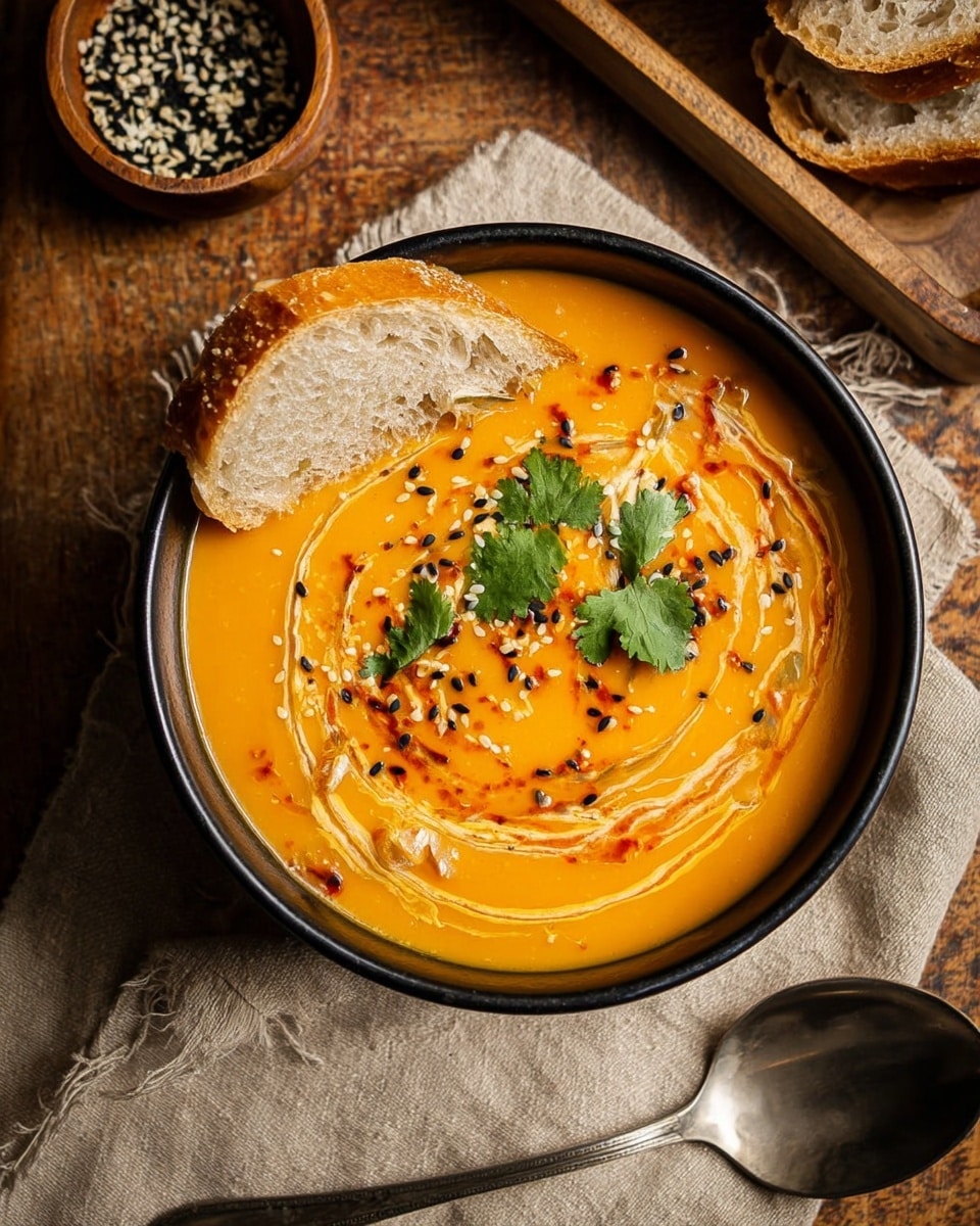 The image shows a white pot filled with smooth, thick orange soup with a creamy texture. The surface of the soup is decorated with thin orange oil swirls, light cream drizzles, and sprinkled with black and white sesame seeds. Fresh green cilantro leaves and chopped herbs are scattered on top, adding a pop of color. A silver ladle rests inside the pot, and a woman's hand holding a white cloth is visible at the bottom left corner, all placed on a white marbled surface. Photo taken with an iphone --ar 4:5 --v 7