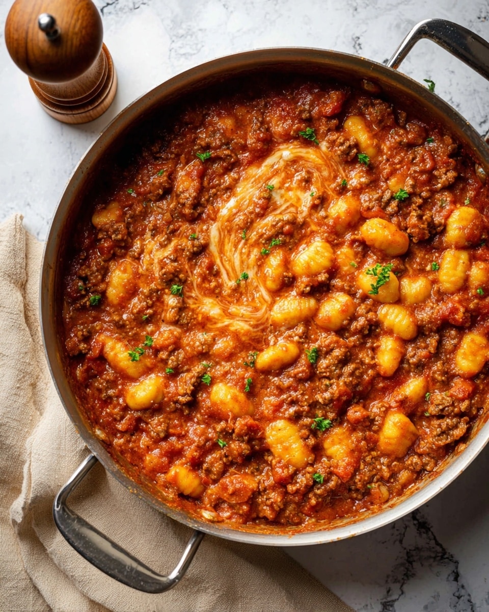 A close-up view of a thick stew with two main layers, showing plump, golden-yellow gnocchi pieces mixed with a rich, deep red-brown sauce filled with finely crumbled cooked meat and small bits of light beige onion. The sauce looks moist and slightly oily, clinging to the gnocchi and meat, with occasional small chunks of red tomato scattered evenly throughout. A wooden spoon with a smooth grain is partly visible, scooping up a portion of the stew from the white marbled background. The texture appears hearty and dense, with the gnocchi slightly shiny and soft, and the sauce thick but not dry. photo taken with an iphone --ar 4:5 --v 7