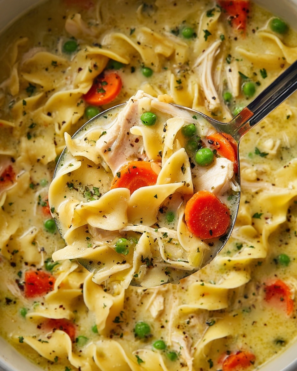The image shows a close-up view of a creamy soup filled with wide, flat egg noodles, soft shredded white meat pieces, and round orange carrot slices along with green peas. The soup's light yellow broth has a smooth, thick texture with herbs and small black pepper specks sprinkled throughout. A shiny silver ladle lifts a portion of the soup, showing a mix of all ingredients, with the noodles curved and overlapping, some partly submerged and some floating on top. The whole scene is set against a white marbled surface, bright and well-lit, capturing the warm, inviting colors and textures of the dish. photo taken with an iphone --ar 4:5 --v 7