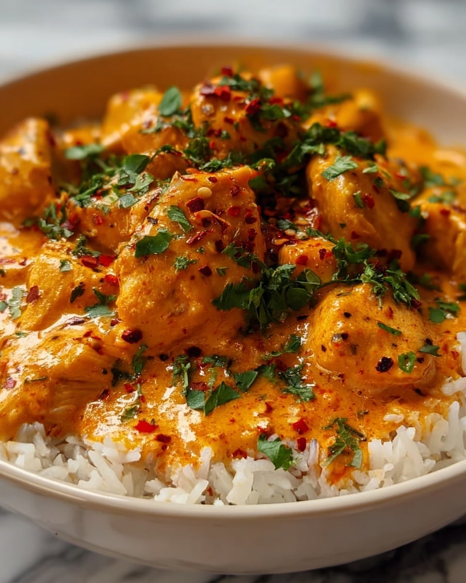 The image shows a close-up of a white bowl filled with white rice on one side and orange-colored curry with chunks of grilled chicken on the other side. The chicken pieces are coated in a creamy sauce that looks smooth and rich, with small char marks giving them a slightly textured, cooked appearance. Green chopped herbs are sprinkled on top, adding a fresh contrast to the warm colors of the dish. The bowl is set on a white marbled surface that highlights the vibrant food colors well. photo taken with an iphone --ar 4:5 --v 7