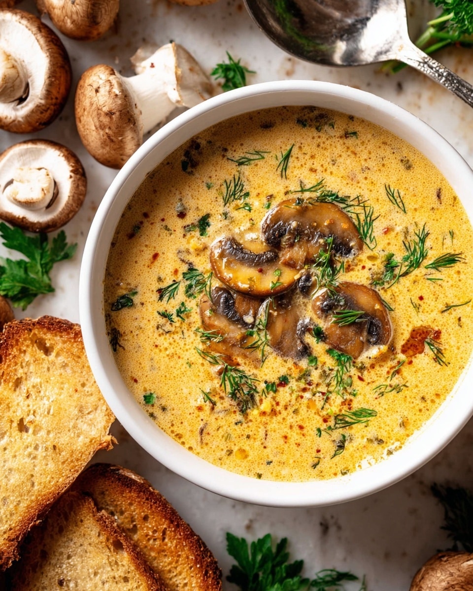 A white bowl filled with creamy soup that has a light yellow color with specks of black pepper and herbs. On the top, there are several browned mushrooms with a slightly crispy texture, giving a rich brown color with some darker spots. Small pieces of orange carrot and tiny green herb leaves add color and texture throughout the soup. A sprig of fresh green thyme rests on top as garnish. The bowl is placed on a white marbled surface, and parts of another white bowl with dark-colored sauce are visible at the edges. photo taken with an iphone --ar 4:5 --v 7