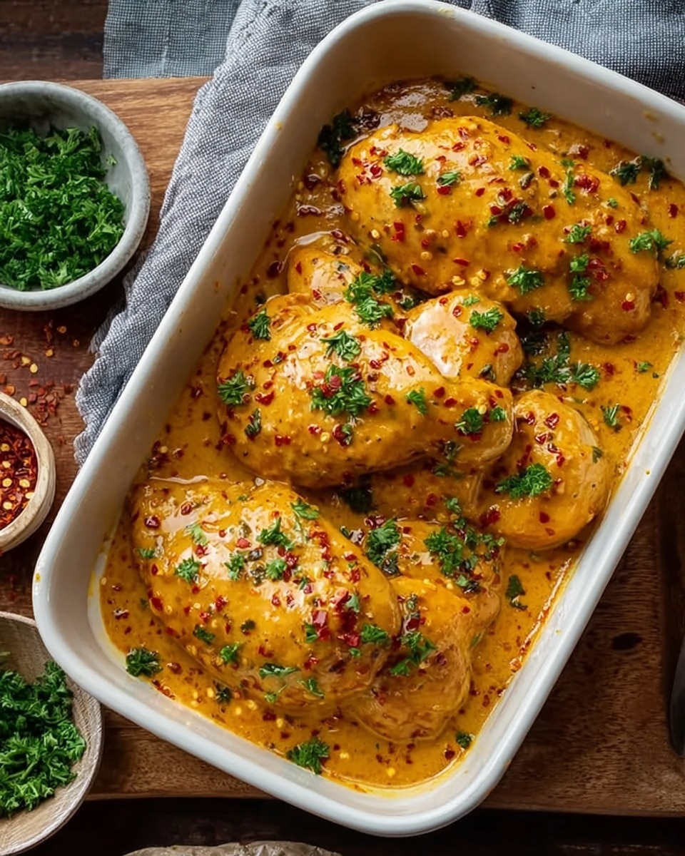 The image shows a white rectangular dish filled with five pieces of cooked chicken, each covered in a thick, creamy orange-yellow sauce. The sauce has small red chili flakes and chopped green herbs sprinkled evenly over the chicken pieces. The chicken is arranged in a slightly overlapping way, sitting in a shallow layer of the sauce that pools at the bottom. The texture of the sauce looks smooth and glossy, while the chicken appears tender and juicy. Around the dish, there are three small bowls with different seasonings on a white marbled surface in soft focus. photo taken with an iphone --ar 4:5 --v 7