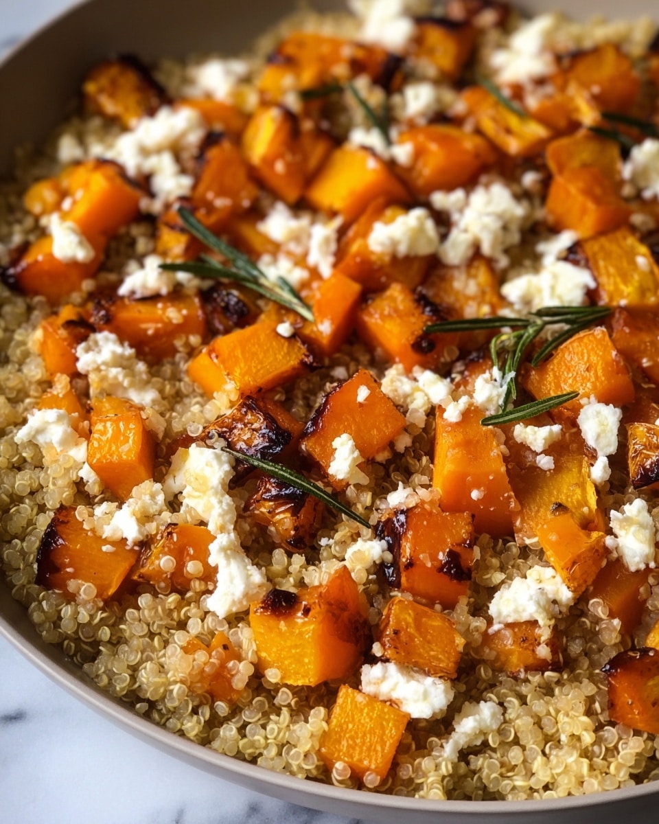 The dish shows a close-up of cooked quinoa forming the base layer with small round grains in a light beige color mixed with some reddish grains. On top, there are medium-sized cubes of roasted orange pumpkin with slightly dark charred edges. Scattered throughout are small white chunks of grilled halloumi cheese with golden grill marks. Dark green pumpkin seeds and black seeds are sprinkled over, along with some green rosemary leaves adding fresh texture. The entire dish is laid on a white marbled surface. Photo taken with an iphone --ar 4:5 --v 7