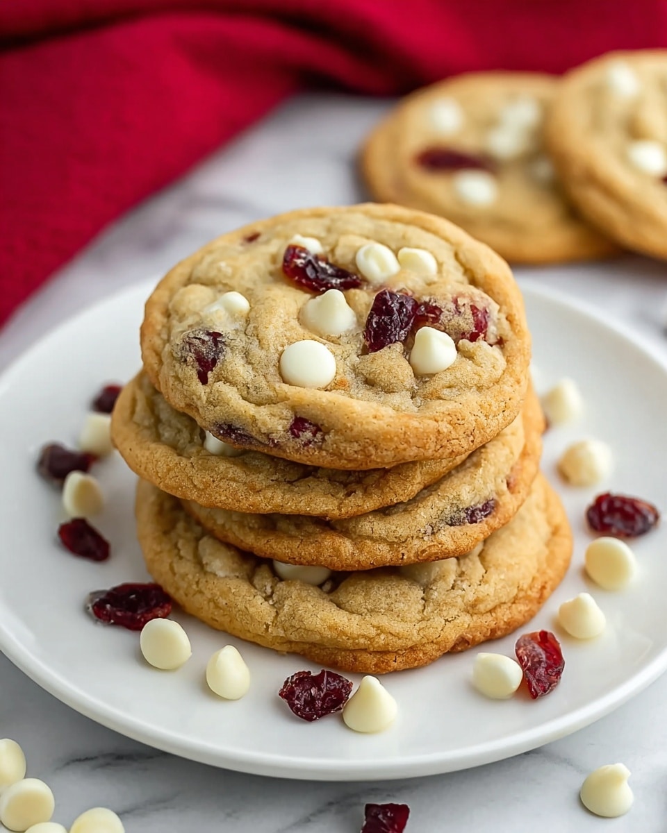 A white plate holds a stack of five golden-brown cookies, each cookie showing a soft and slightly wrinkled texture with visible white chocolate chips and dark red dried cranberry pieces spread evenly on top. The cookies have a slightly darker edge, showing baked crispiness, and the white chocolate chips are creamy and smooth, slightly melting into the cookie surface. The plate is set on a white marbled surface, with a few scattered white chocolate chips and dried cranberries around it, adding to the casual presentation. In the background, a red cloth adds a pop of color, slightly blurred to keep the focus on the cookies. photo taken with an iphone --ar 4:5 --v 7