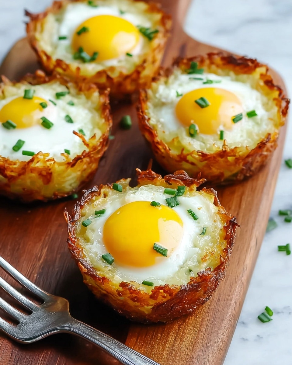 Four golden brown, crispy nests made from thin shredded potato form the base and sides of each muffin-shaped cup. Inside each nest is a smooth layer of white cooked egg white topped with a bright yellow cooked egg yolk in the center, sprinkled with small pieces of green chives. The nests sit on a wooden board with a shiny silver fork to one side, all set against a white marbled surface. The photo taken with an iphone --ar 4:5 --v 7