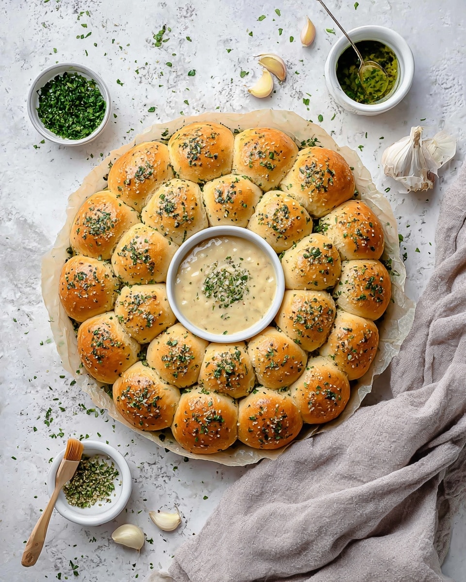 A round white plate filled with 24 small, golden brown rolls arranged tightly in a circle, each roll brushed with herbs and garlic, giving a speckled green and dark brown texture on top. In the center of the circle, there is a small white bowl filled with smooth creamy dip, lightly sprinkled with herbs. A woman's hand is holding one roll dipped halfway into the creamy dip. The scene is set on a white marbled surface with some garlic cloves and herb sprigs scattered around. photo taken with an iphone --ar 4:5 --v 7