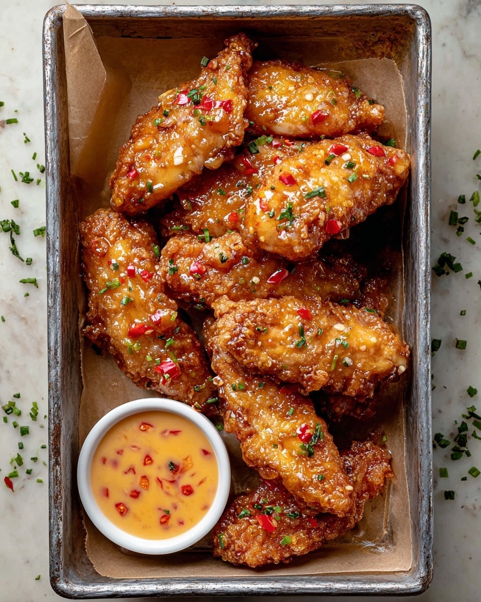 A rectangular metal tray lined with parchment paper holds six golden-brown fried chicken tenders covered in a shiny, slightly sticky glaze with specks of red pepper and small green herb pieces sprinkled on top. In the bottom left corner of the tray, there is a small round white bowl filled with a light orange dipping sauce that has visible bits of chili or pepper. The tray sits on a white marbled texture surface with tiny scattered green herb pieces around it. photo taken with an iphone --ar 4:5 --v 7