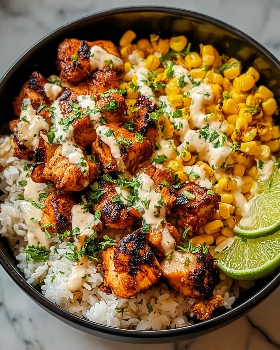 A black bowl filled with a bottom layer of white, slightly sticky rice, topped with grilled brown chicken pieces that have dark grill marks. On top of the chicken are small bright yellow corn kernels scattered, and a white creamy sauce drizzled over the chicken. Green chopped herbs are sprinkled on the sauce and chicken, and thin green cucumber slices and a lime wedge are placed on the side within the bowl. The bowl sits on a white marbled texture. photo taken with an iphone --ar 4:5 --v 7