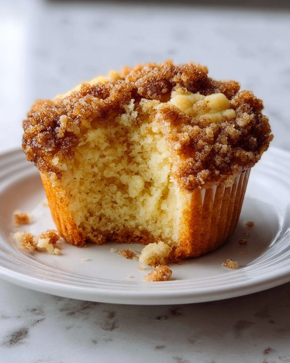 A single muffin with a rough, crumbly light brown top layer that appears sugary and textured. The middle muffin layer is soft and pale yellow, showing a moist, spongy texture with small air pockets. The muffin is positioned on a white plate with subtle rim grooves, sitting on a surface with a white marbled texture. Part of the muffin is missing, revealing the inside and a few crumbs scattered on the plate. Light from the left side highlights the muffin’s details clearly. photo taken with an iphone --ar 4:5 --v 7