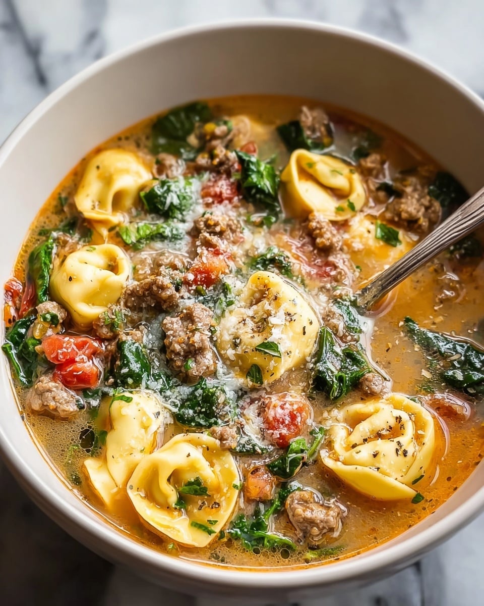 A close-up view of a brown bowl full of tortellini soup, showing a rich broth with small chunks of orange carrots, green spinach leaves, and browned meat pieces spread across the soup. The tortellini pasta is light yellow with some browned spots on top, floating evenly on the surface along with bits of green herbs sprinkled all around. A spoon rests inside the bowl, slightly visible on the right side. The bowl sits on a white marbled surface. photo taken with an iphone --ar 4:5 --v 7