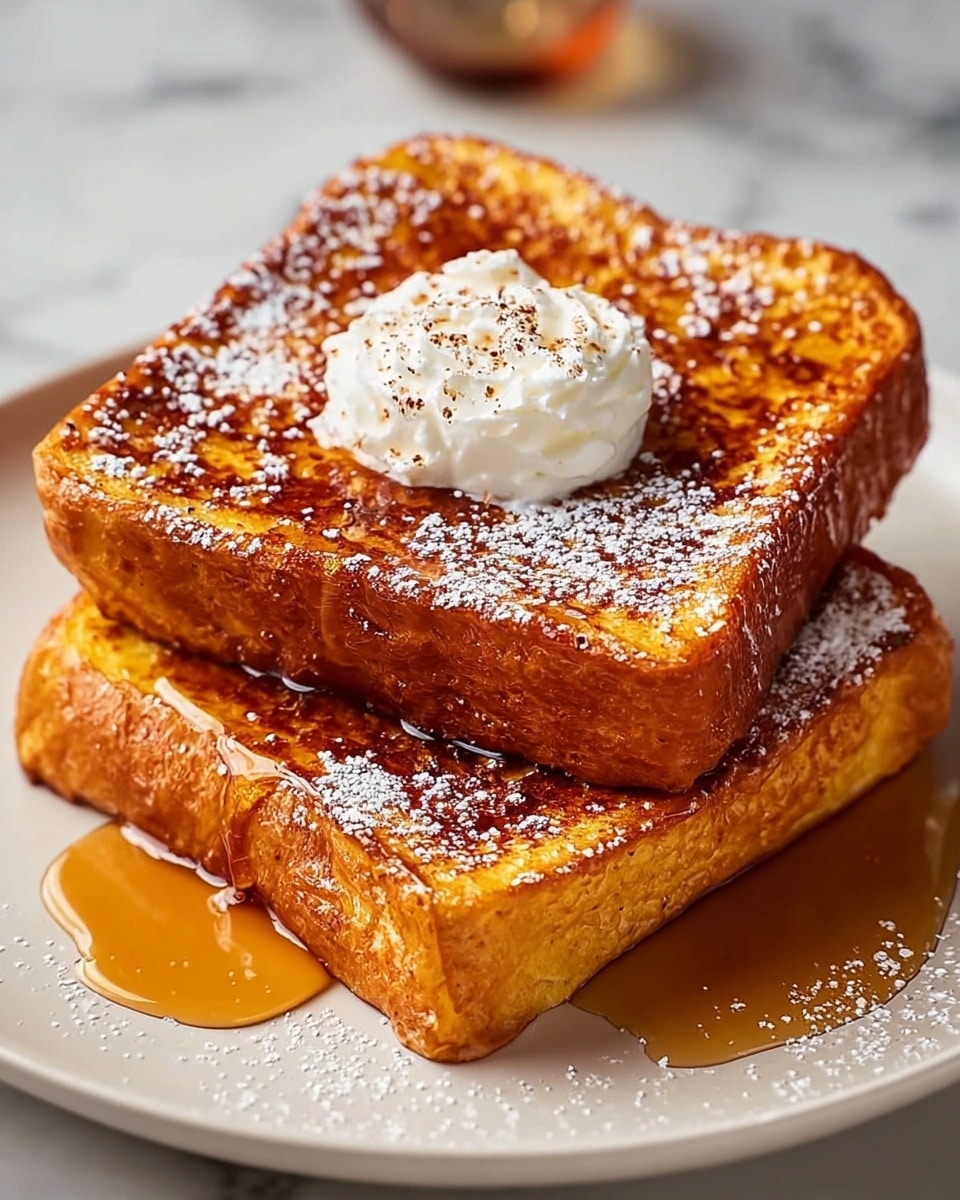 Two thick slices of golden brown French toast are stacked on a white plate. Each slice has a crispy texture with dark browned spots on the surface. The top slice has a small dollop of white butter in the center, which softly contrasts with the toast’s warm colors. The French toast is covered with shiny amber maple syrup that drips around the sides and pools lightly on the plate. The background is a white marbled surface. photo taken with an iphone --ar 4:5 --v 7