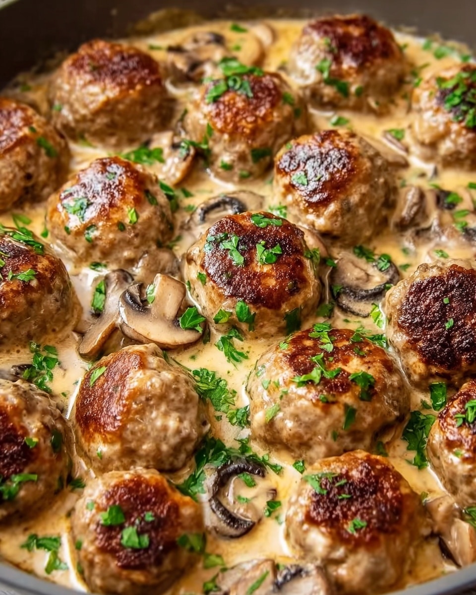 The image shows a close-up of many round meatballs with a golden-brown top layer that looks slightly crisp. They are placed in a creamy light brown mushroom sauce which covers the bottom and some sides of the meatballs. Scattered on top and around the meatballs are small sliced mushrooms with a soft texture and fresh chopped green herbs adding a touch of color. The whole dish sits on a white marbled textured background. photo taken with an iphone --ar 4:5 --v 7