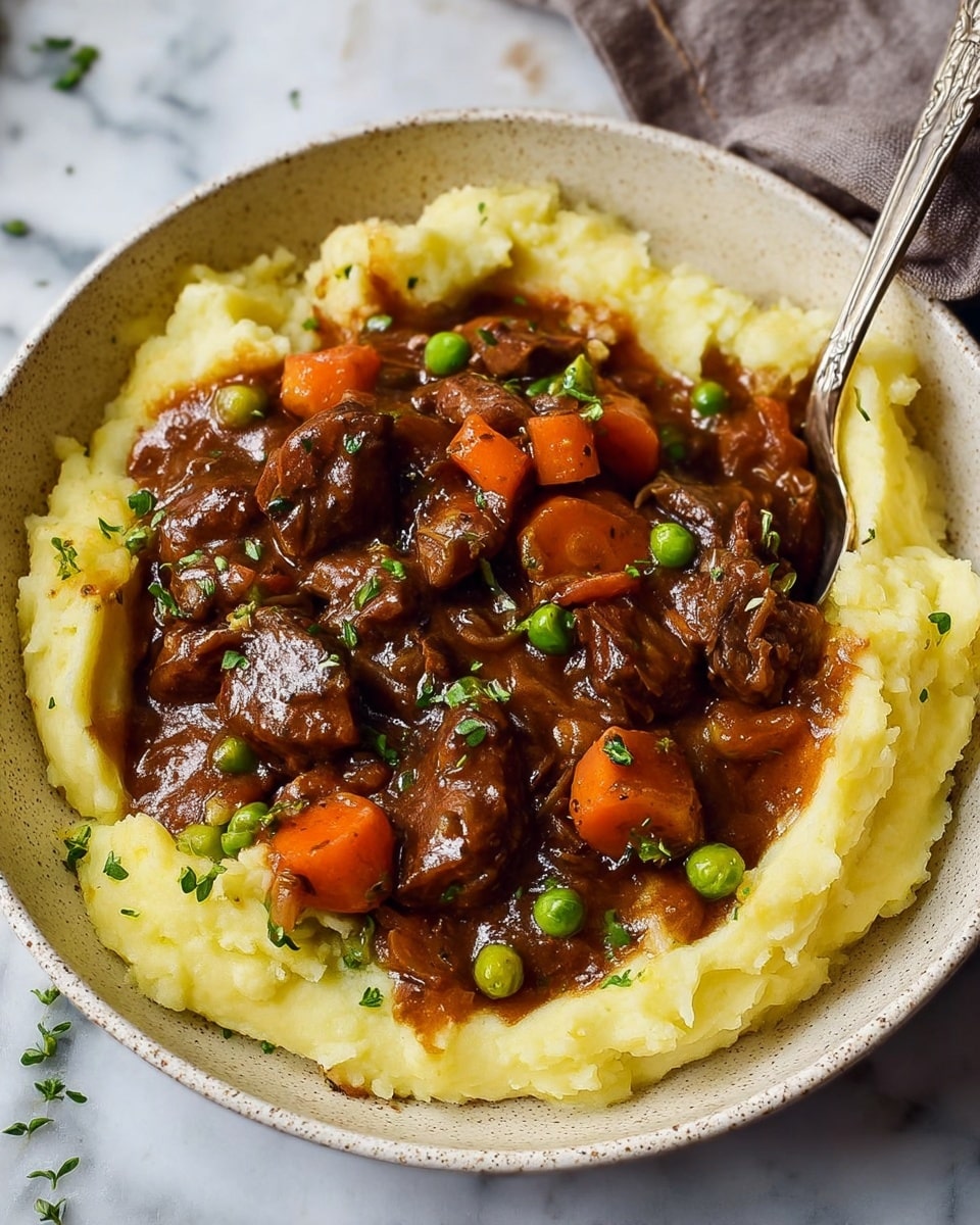 In a black pan on a white marbled surface, there is a thick stew with three main layers: chunks of bright orange carrot pieces, scattered green peas, and long strips of brown meat all mixed in a rich, dark brown sauce that looks smooth and creamy. A silver ladle is lifting some stew showing the same mix of carrots, peas, and meat in sauce. In the background, a bowl with light yellow mashed potatoes is partly visible. Photo taken with an iphone --ar 4:5 --v 7