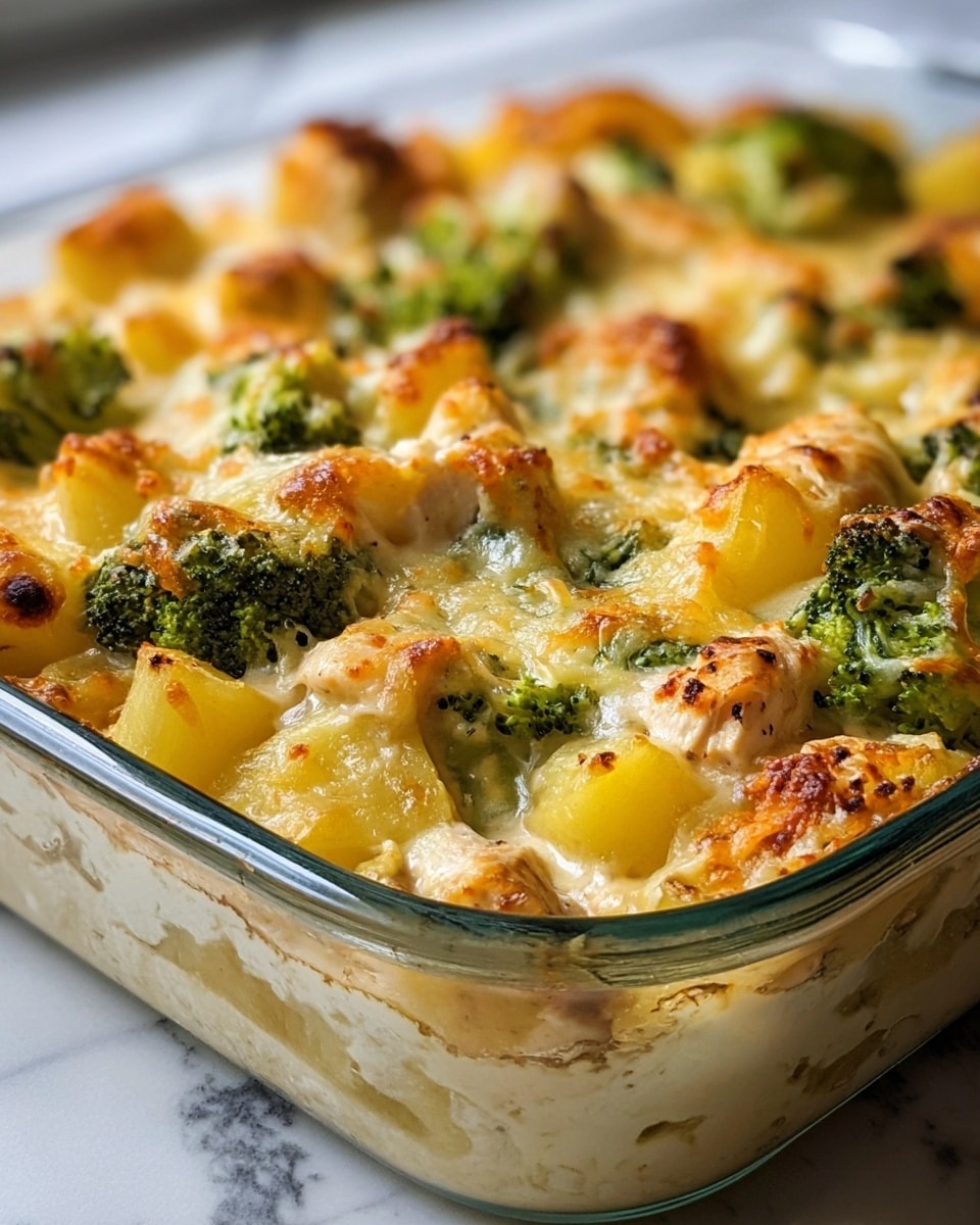 The image shows a white rectangular dish filled with a baked casserole. The dish has three main layers: the bottom layer has chunks of cooked white chicken pieces, the middle layer includes soft yellow potato pieces, and the top layer is covered with melted golden brown cheese that is slightly crisp. Bright green broccoli florets are mixed throughout the casserole, adding color contrast on top and near the edges. The dish is placed on a soft gray cloth with a white marbled surface as background. Photo taken with an iphone --ar 4:5 --v 7