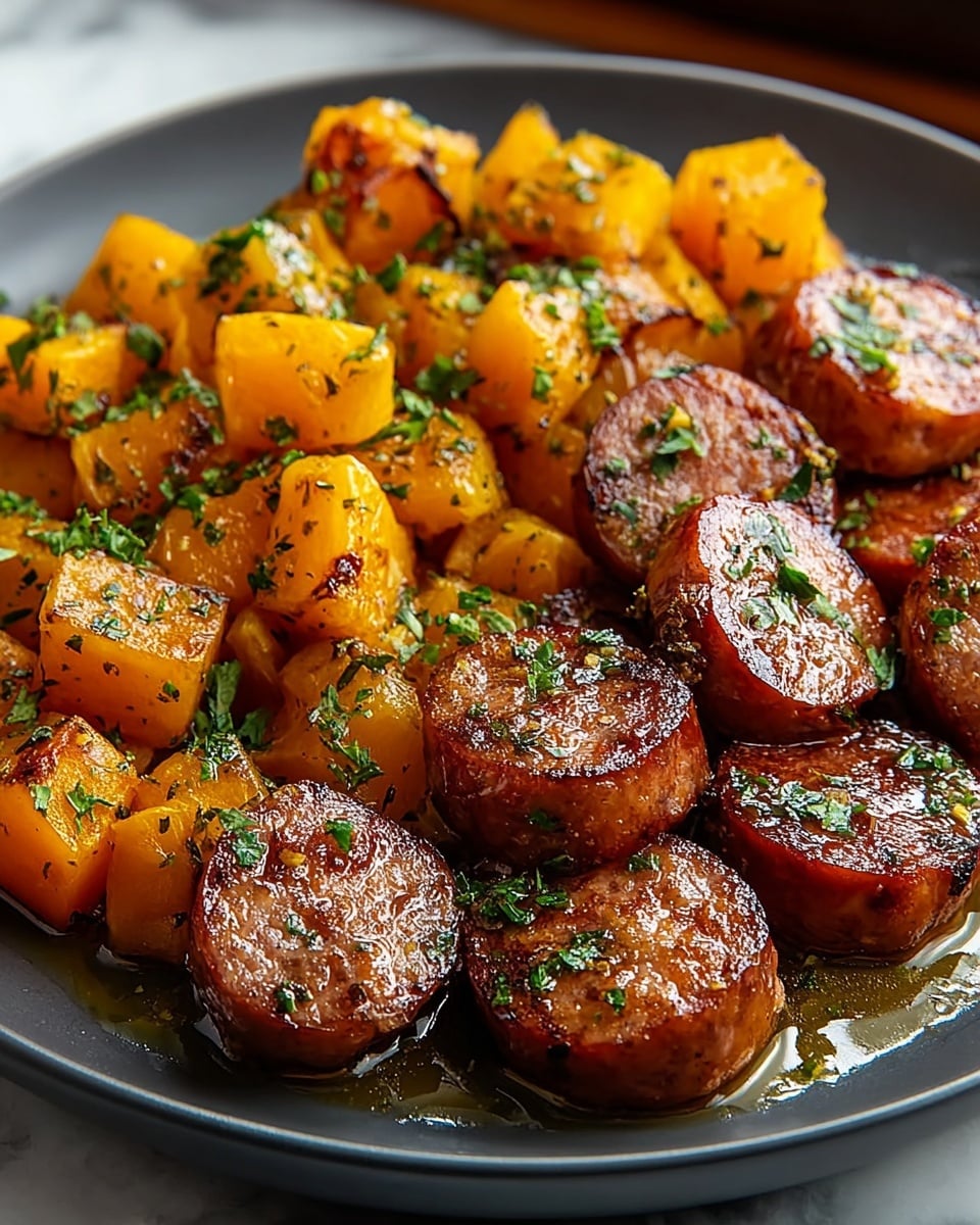 The image shows a white plate filled with many small, round pieces of grilled sausage that have a shiny, caramelized dark brown outside with some char marks. Mixed in with the sausage pieces are bright orange chunks of roasted sweet potato, also with some browned edges. Both the sausage and sweet potato pieces are sprinkled with small bits of fresh green herbs, adding a pop of color. The plate rests on a white marbled surface, and the background is softly out of focus with green leaves. photo taken with an iphone --ar 4:5 --v 7