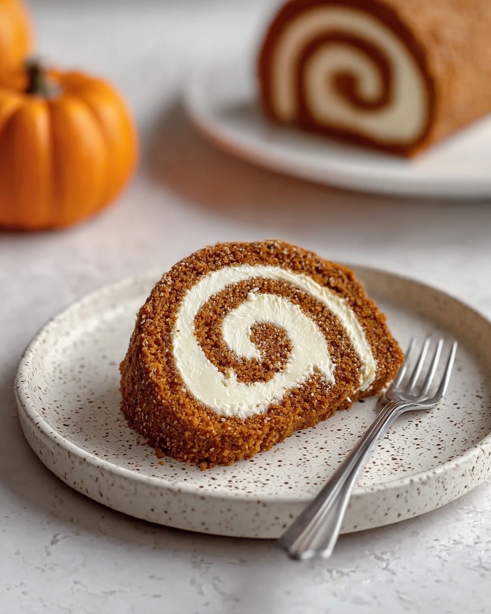 A pumpkin roll cake is shown on a white marbled surface with a small orange pumpkin in the background. The roll has two visible layers: the outside layer is a light brown pumpkin-flavored sponge, dusted with white powdered sugar, giving it a slightly rough texture. The inside layer is a thick cream filling that is smooth and white, spiraled evenly through the roll. A single slice is cut from the roll and placed flat in the foreground, showing the swirl pattern clearly. The cake looks soft and moist with a perfect even spiral of cream inside. photo taken with an iphone --ar 4:5 --v 7