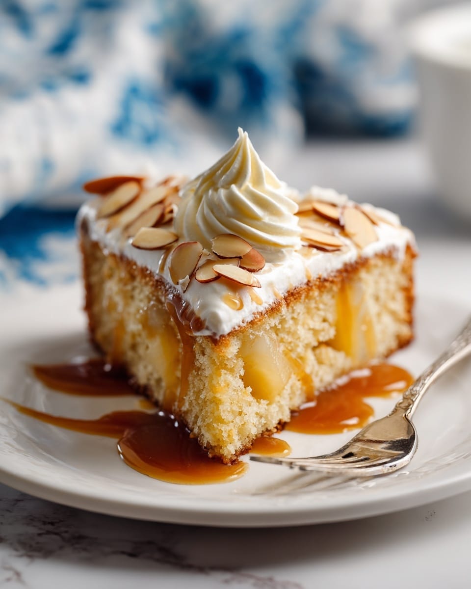 A slice of golden brown cake with a soft, crumbly texture showing pieces of light yellow fruit inside, topped with a swirl of creamy white whipped topping. Thin, light almond slices cover the top layer, and rich caramel sauce lightly drizzles down the sides and onto the white plate below, pooling around the cake. A silver fork lies beside the slice, also touched by the caramel. The background has a white marbled surface with a blurry blue and white cloth in the back. photo taken with an iphone --ar 4:5 --v 7