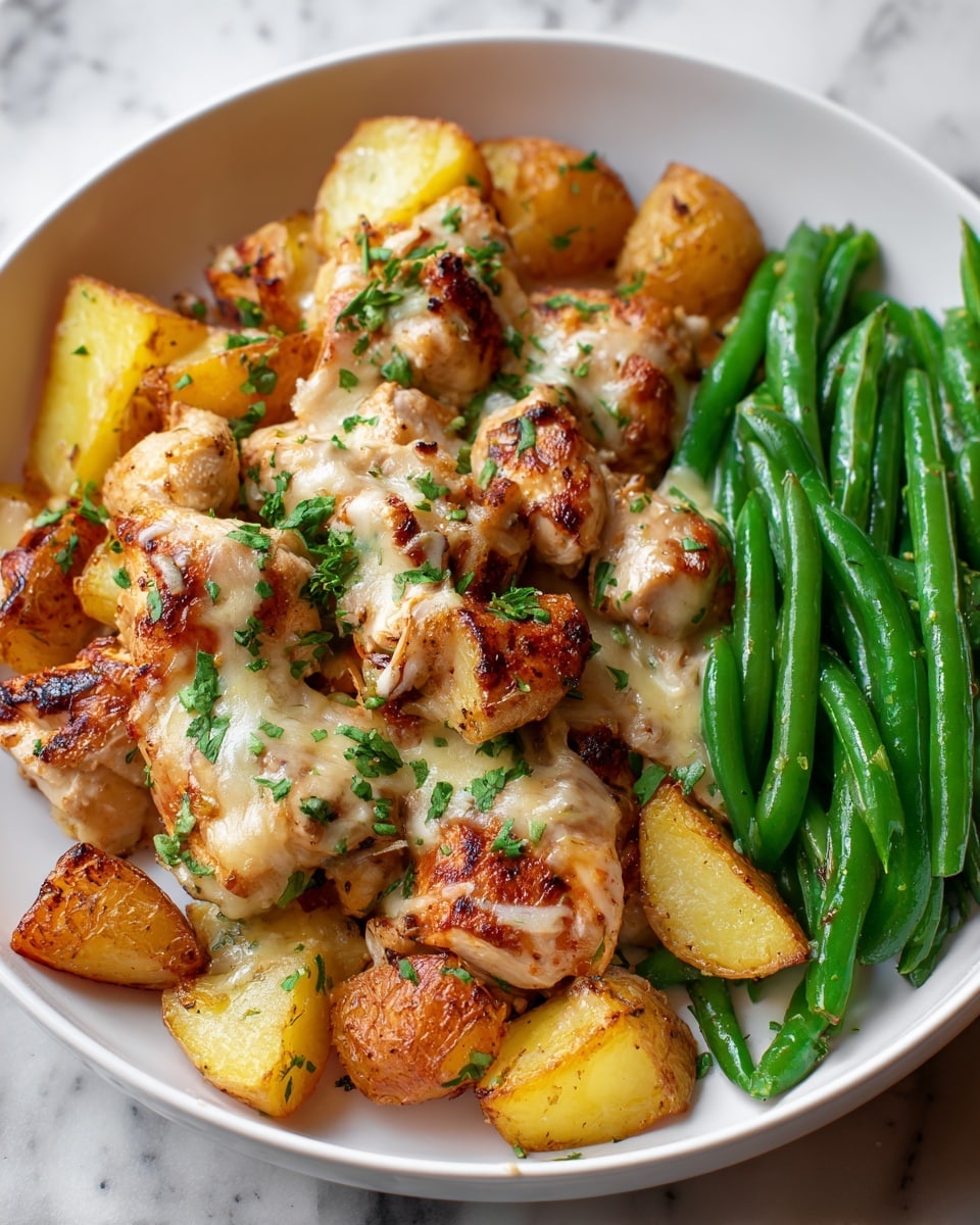 A close-up of a pan filled with cooked, golden-brown chicken pieces and chunky yellow potatoes, all covered with melted, stretchy white cheese. The chicken and potatoes have a crispy textured crust, sprinkled with small bits of green herbs. A metal spatula lifts a portion from the pan, showing the melted cheese stretching between the pan and the serving. The background is a white marbled surface. Photo taken with an iphone --ar 4:5 --v 7