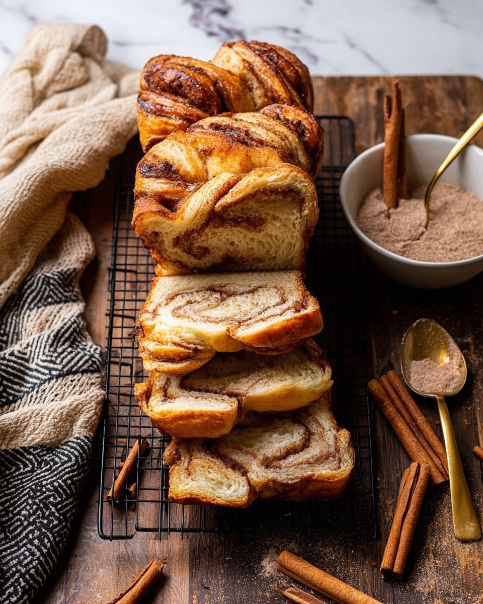 A golden brown cinnamon swirl bread loaf sits on a black baking rack over a rustic wooden surface. The bread shows four main swirled sections with multiple thin layers of dough visible, each layer turning slightly darker in the middle with cinnamon filling. The crust is crisp-looking with a light dusting of sugar on the tops of the swirls. To the right, a small white bowl contains cinnamon powder and two cinnamon sticks resting on the bowl’s rim. In the upper left corner, a soft beige cloth with dark stripes adds texture to the scene. Photo taken with an iphone --ar 4:5 --v 7