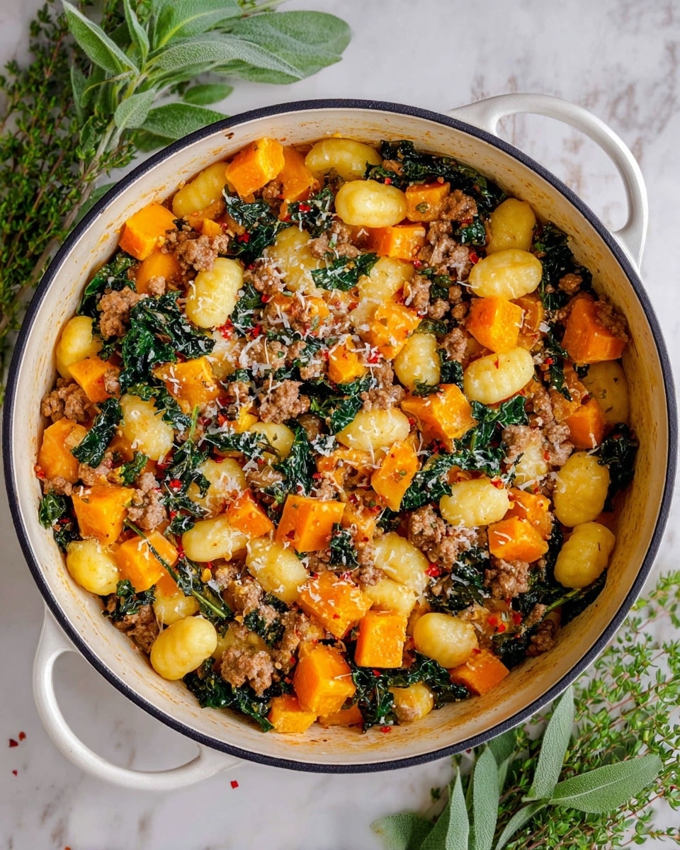The image shows a white saucepan filled with a colorful mix of food layers. The bottom layer has shiny golden-yellow gnocchi pieces with ridged patterns. Mixed evenly throughout are small bright orange cubes of cooked squash, dark green wilted kale leaves, and light brown crumbled cooked sausage bits. The top is sprinkled with fine white grated cheese and red chili flakes, adding a bit of texture and color contrast. Around the pan are fresh green sage leaves on a white marbled surface. Photo taken with an iphone --ar 4:5 --v 7