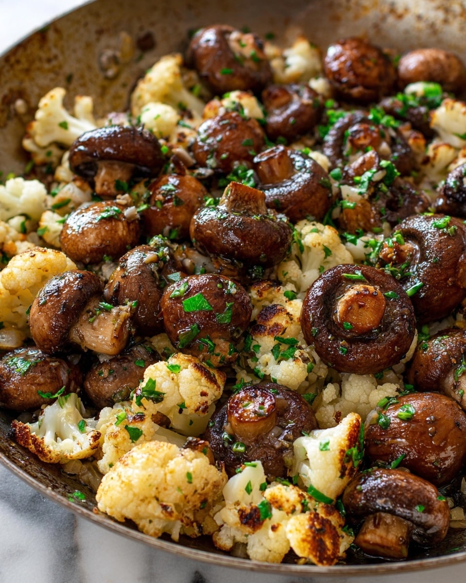 The image shows a close-up of cooked cauliflower and mushrooms in a silver metal pan. The dish has two main layers: the bottom layer is the pan, which has a rough, slightly worn texture and a handle visible at the bottom left. The top layer is a mix of browned cauliflower florets and whole brown mushrooms, both with some charred, crispy spots that give a roasted look. The vegetables are sprinkled with small green herb pieces, scattered evenly over the dish. The pan rests on a white marbled surface with a wooden edge visible in the top left corner. Photo taken with an iphone --ar 4:5 --v 7