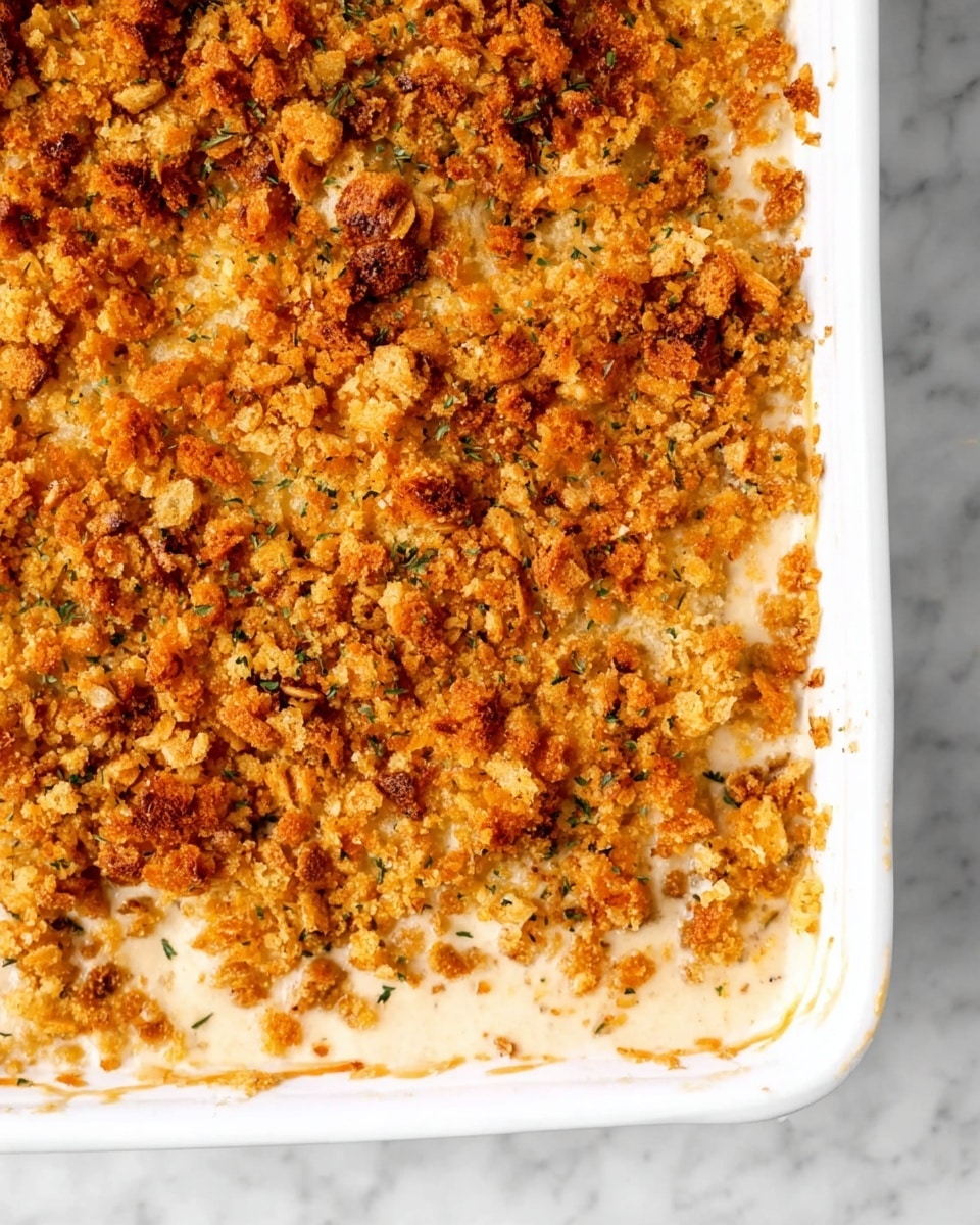 The image shows a white baking dish filled with a casserole. The top layer is golden brown and crispy, made of breadcrumbs mixed with herbs, unevenly spread with rough small chunks. Below this, there is a creamy layer peeking through, light beige in color, smooth and moist. The dish sits on a white marbled surface. Photo taken with an iphone --ar 4:5 --v 7