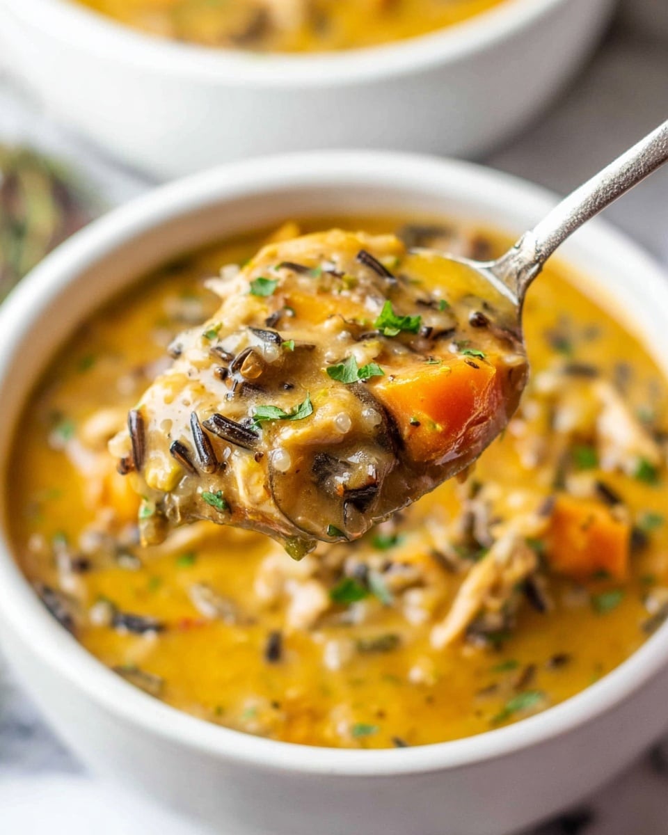 A spoon lifted above a white bowl shows a thick, creamy soup with visible layers of soft orange carrots, dark brown wild rice, and small bits of white or beige chicken mixed in a rich, light brown broth. The soup has small green herb leaves on top for garnish, with a smooth and slightly chunky texture. The background is a white marbled surface with a subtle blurred second bowl visible behind the main bowl. The scene looks warm and inviting with natural light highlighting the colors and textures. Photo taken with an iphone --ar 4:5 --v 7