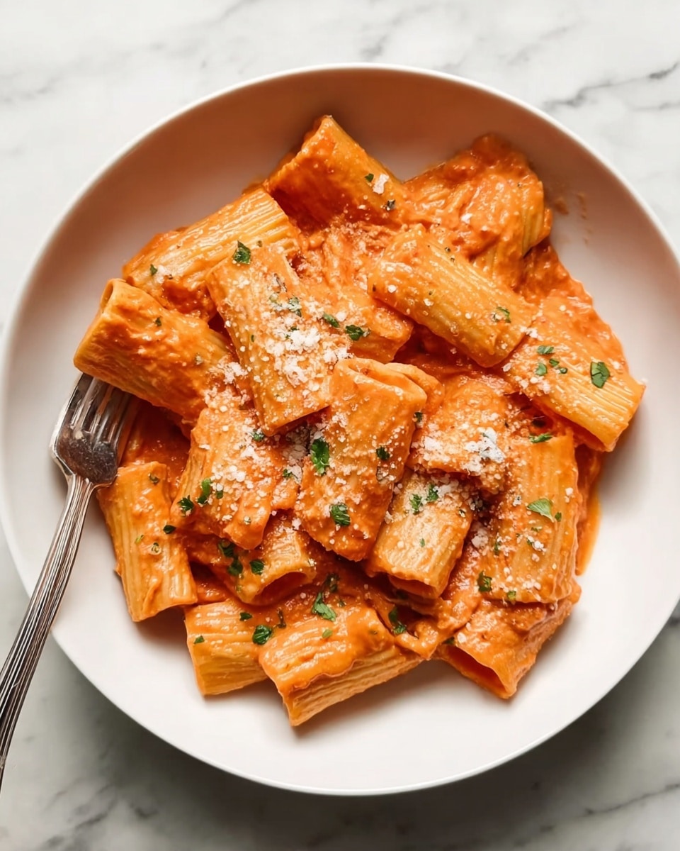 A large pan filled with rigatoni pasta coated in a creamy orange-pink tomato sauce. The pasta pieces are thick and tube-shaped, evenly covered with the sauce, giving a smooth and slightly shiny texture. There are light sprinkles of grated parmesan cheese and small green parsley leaves scattered on top, adding color and texture contrast. A wooden spoon rests inside the pan, partially lifting some pasta. The pan is placed on a white marbled surface. photo taken with an iphone --ar 4:5 --v 7