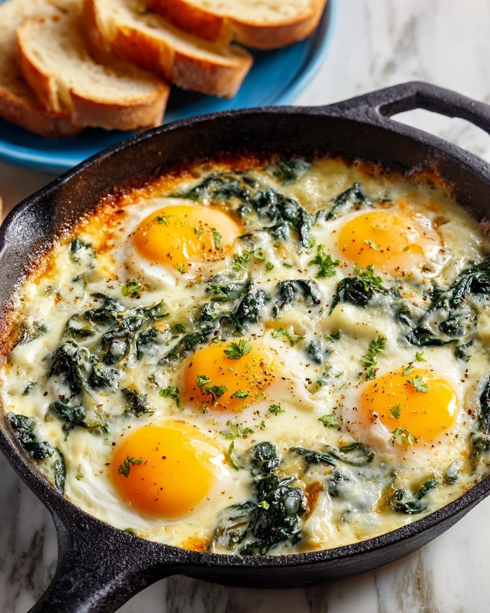 A close-up view of a cooked dish in a black skillet showing five sunny side up eggs with bright yellow yolks spread evenly across the surface. The eggs are surrounded by melted white cheese that has slightly golden-brown spots, mixed with dark green wilted spinach leaves scattered all over. The edges of the skillet are dark and rough, contrasting with the creamy texture of the cheese and smooth, shiny egg yolks. There is a light sprinkle of dried seasoning on top, adding small dark specks across the eggs and cheese. The skillet sits on a white marbled surface. photo taken with an iphone --ar 4:5 --v 7