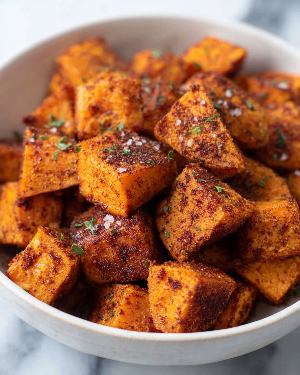 A close-up view of roasted orange sweet potato cubes in a white bowl, each piece coated with a reddish-brown seasoning and sprinkled lightly with coarse salt and small green herb bits, creating a textured look on the crispy edges. The bowl sits on a white marbled surface. photo taken with an iphone --ar 4:5 --v 7