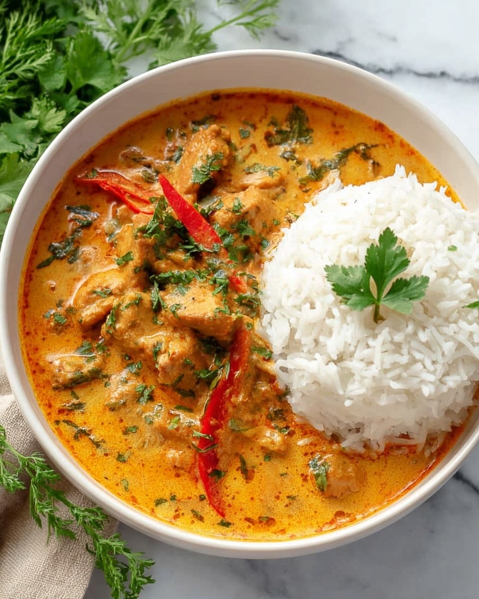 This image shows a close-up of a creamy orange curry in a metal pot. The curry has several layers including orange sauce, pieces of light yellow chicken, and thin red bell pepper strips mixed throughout. Green chopped herbs are sprinkled on top, adding spots of bright green color on the sauce's surface. A black spoon is scooping a mixture of the chicken, sauce, and red peppers, emphasizing the texture and colors. The background features a white marbled surface with some green herbs blurred in the back. photo taken with an iphone --ar 4:5 --v 7