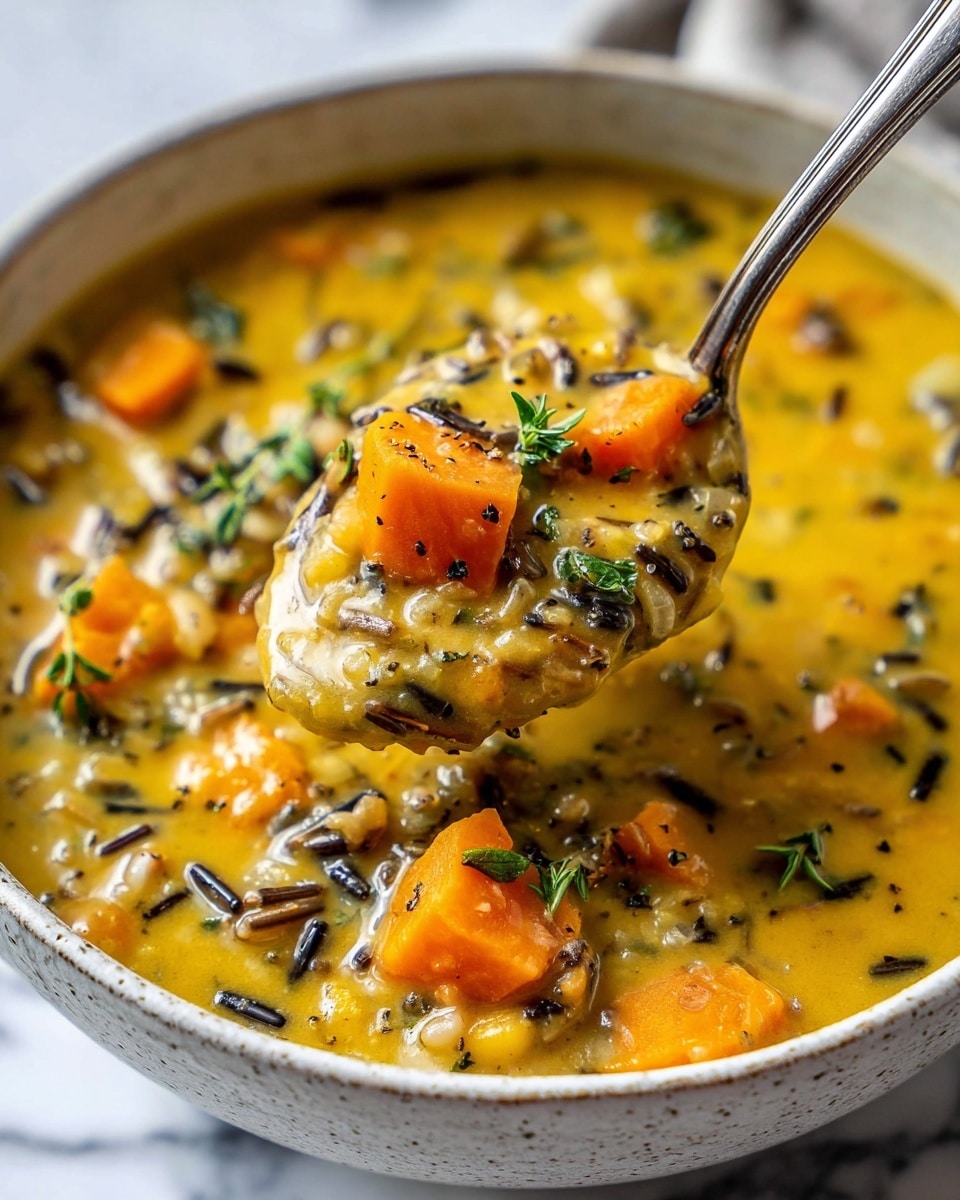The image shows a close-up of a thick, creamy soup with a rich yellow-orange base filled with chunks of soft orange carrots, small white beans, and bits of dark wild rice scattered on top. Small green herb leaves are sprinkled on the surface, adding some fresh color. The soup is in a white bowl with a rough texture on the outside. A spoon is lifting a scoop of the soup, showing its thick texture and the mix of ingredients. The background is a white marbled surface. photo taken with an iphone --ar 4:5 --v 7