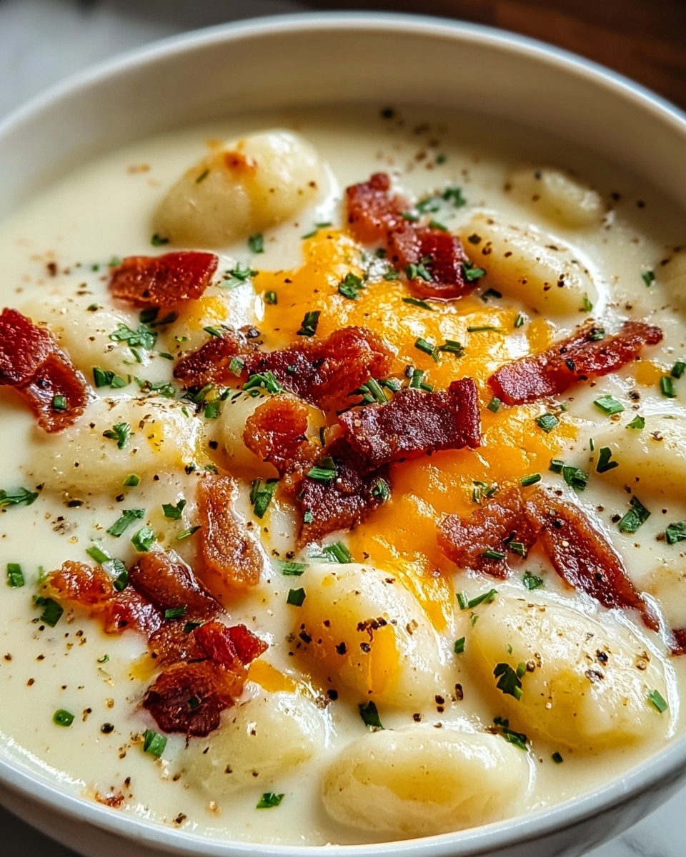 A close-up view of a bowl filled with creamy white soup that has a smooth texture, with small, soft gnocchi floating throughout. On top, there are scattered crispy pieces of reddish-brown bacon and a light sprinkle of finely chopped green herbs. Some melted orange cheese gathers in the center, adding a glossy look, while black pepper is lightly dusted over the surface. The bowl is white and placed on a white marbled background. photo taken with an iphone --ar 4:5 --v 7