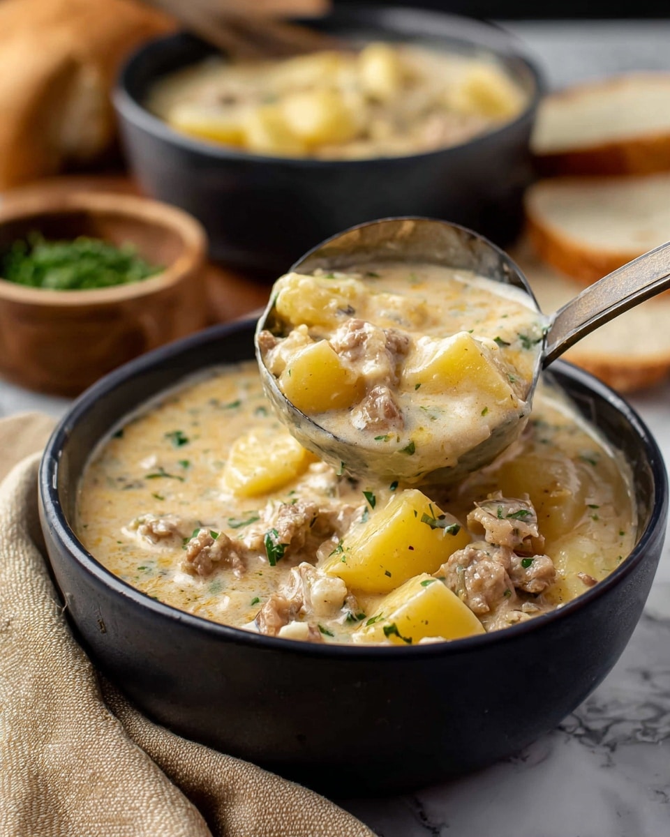 A close-up of a black bowl filled with thick, creamy stew containing chunks of light yellow potatoes and small pieces of brown meat, with green herb specks visible in the sauce. A metal ladle is lifting some stew from the bowl, showing the rich texture of the creamy mixture. In the background, there is another black bowl filled with the same stew, a wooden bowl with green herbs, and slices of bread on a white marbled surface. A beige cloth napkin lies near the bowl. The photo taken with an iphone --ar 4:5 --v 7