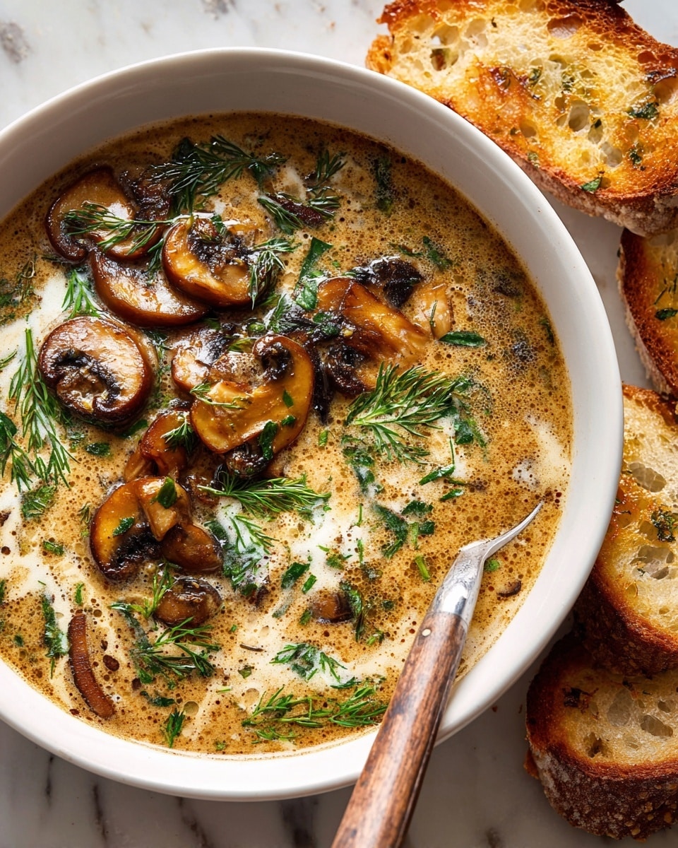 A white bowl filled with creamy soup topped with a few layers of sliced brown mushrooms that have a shiny, cooked texture. The soup itself has a light brown color with swirls of cream and scattered green leafy herbs, including parsley and dill, adding a fresh look. A wooden-handled spoon rests inside the bowl on the right side. Around the bowl are pieces of toasted bread with a golden brown crust and open crumb texture, placed on a white marbled surface. Photo taken with an iphone --ar 4:5 --v 7