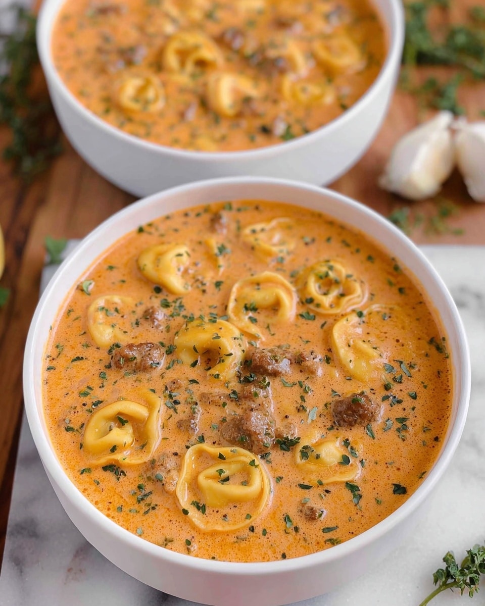 The image shows two white bowls filled with a creamy, orange-colored soup that has a thick texture. Inside the soup, there are visible pieces of tortellini pasta, small chunks of brown meat, and finely chopped green herbs sprinkled on top. The bowls are placed on a white marbled surface with some green herbs and a piece of garlic partially visible nearby. The creamy soup appears smooth with the tortellini and meat evenly mixed throughout, creating a rich and hearty appearance. Photo taken with an iphone --ar 4:5 --v 7