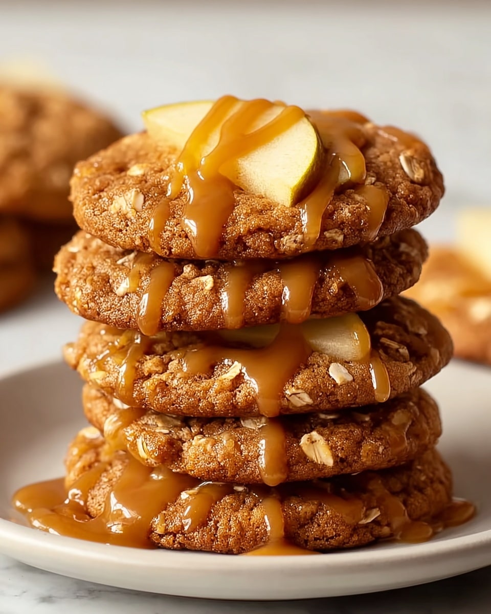 Four round cookies are stacked and spread out on a white plate, each cookie having a rough, golden-brown texture. On top of each cookie, there are thin slices of light yellow apple arranged neatly in a row. The cookies are drizzled with caramel sauce, which adds a shiny, sticky layer that glistens under the light. The plate rests on a white marbled surface, creating a clean and simple background. Photo taken with an iphone --ar 4:5 --v 7