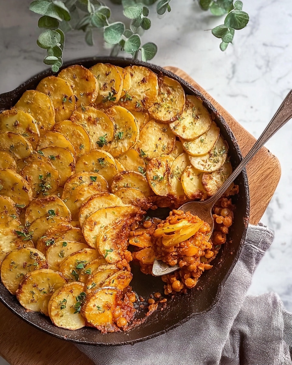 Easy Vegan Lentil Hotpot with Crispy Potato Topping Recipe - Recipe Image