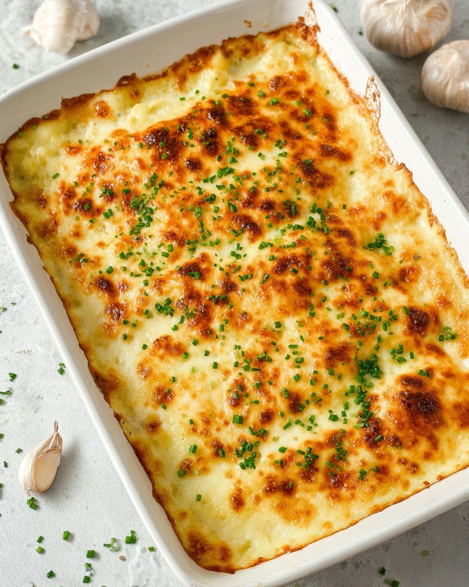 The image shows a white baking dish filled with a baked dish that has a golden brown, bubbly cheese layer on top. The top layer is uneven with browned spots and melted cheese creating a slightly crispy texture across the surface. This cheese layer is garnished with small green chopped herbs scattered evenly. The baking dish is placed on a white marbled surface with some garlic bulbs in the background. Photo taken with an iphone --ar 4:5 --v 7