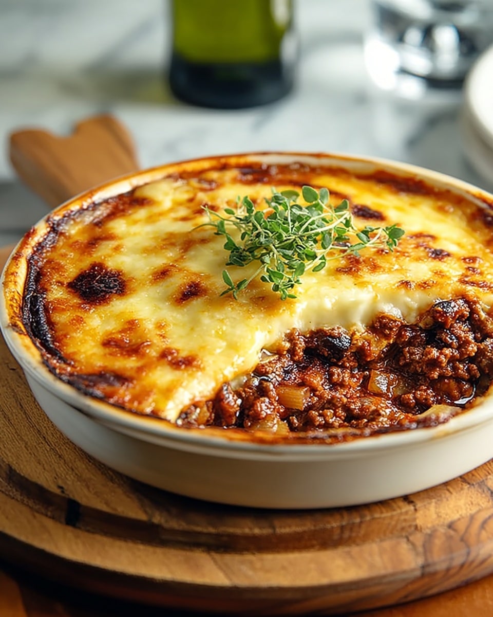 A square piece of lasagna is placed on a white plate, showing four clear layers: the bottom layer is a smooth, pale yellow pasta sheet, followed by a thick, dark brown meat sauce mixed with small chunks and a slice of dark purple olive; above that is another pale yellow pasta layer, topped with a rich, creamy white cheese layer, and finished with a golden brown, slightly crispy baked cheese topping that has darker spots and a fresh green herb garnish on top. Photo taken with an iphone --ar 4:5 --v 7