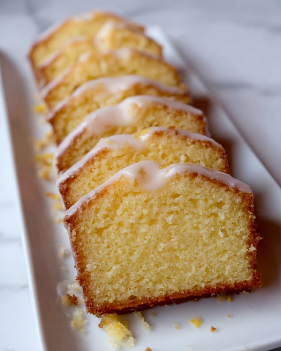 The image shows six slices of yellow cake with a smooth white glaze on top. The cake slices are arranged in a straight line, each slice leaning slightly against the next one. The texture of the cake looks soft and moist, with the glaze giving a shiny, sweet finish. The slices are placed on a long white plate on a white marbled surface, with some crumbs scattered around the base of the cake. photo taken with an iphone --ar 4:5 --v 7
