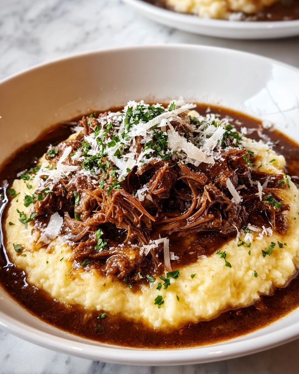 The dish is served in a white bowl with a base layer of smooth, creamy mashed potatoes that are pale yellow in color and have a soft, fluffy texture. On top of the mashed potatoes is a thick, rich brown stew made of shredded meat with a slightly chunky texture. The stew covers most of the mashed potatoes and has some sauce pooling around the edges inside the bowl. The dish is garnished with thinly sliced green herbs spread evenly over the stew and a light dusting of finely grated white cheese on top. The photo is taken with a woman's hand not visible, on a white marbled surface. photo taken with an iphone --ar 4:5 --v 7