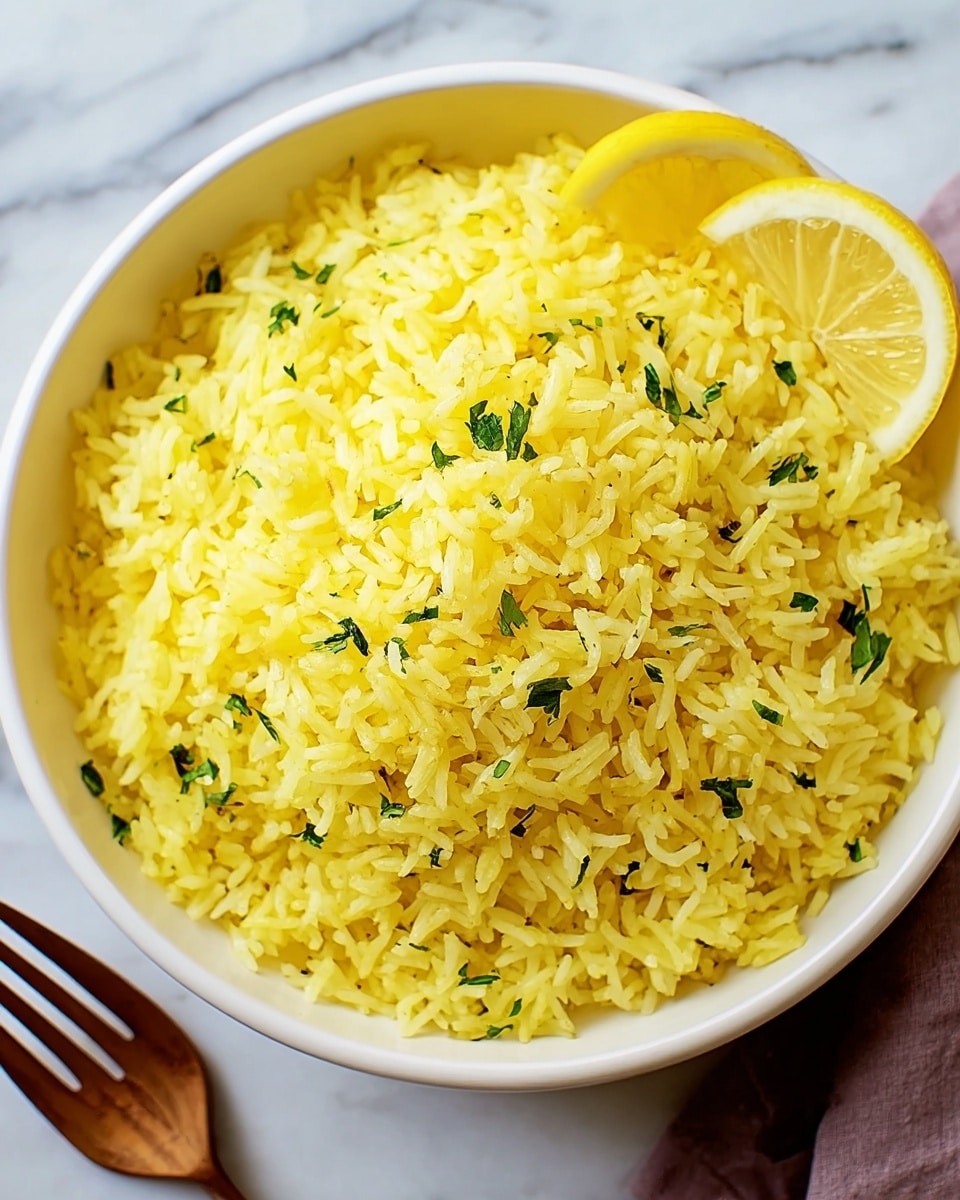 A white bowl is filled with fluffy yellow rice, mixed with small green herb pieces evenly spread throughout. On top of the rice near the edge, there is a thin slice of bright yellow lemon placed decoratively. The bowl sits on a light beige cloth, and two halved lemons are placed in the background on a white marbled surface. The overall look is fresh and bright. photo taken with an iphone --ar 4:5 --v 7