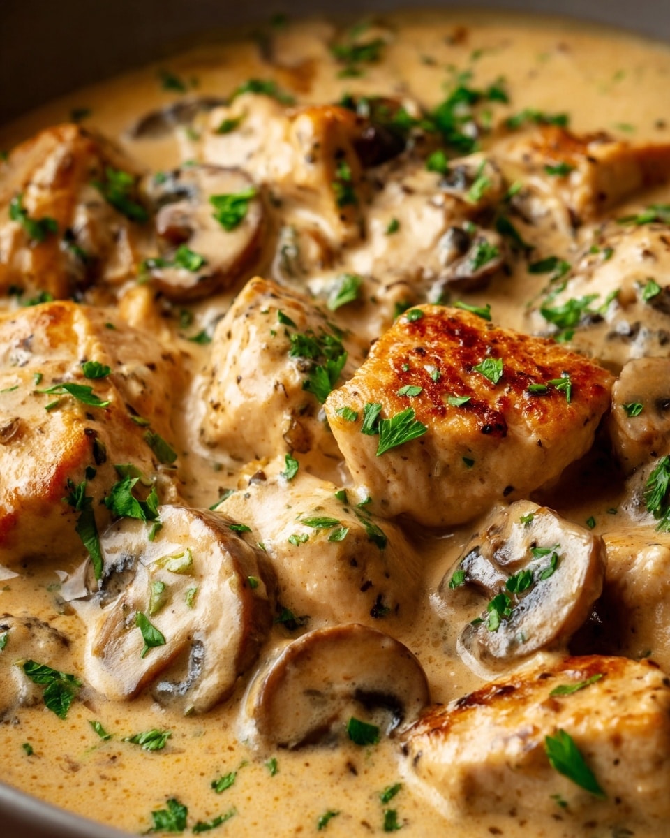The image shows a close-up of a creamy mushroom sauce with pieces of cooked chicken. The dish has three main layers: light brown chicken pieces on the bottom, large sliced mushrooms scattered throughout, and a thick creamy beige sauce covering everything. Small bright green parsley leaves are sprinkled on top for color. The texture looks smooth and rich with slight browning on the chicken edges. Photo taken with an iphone --ar 4:5 --v 7