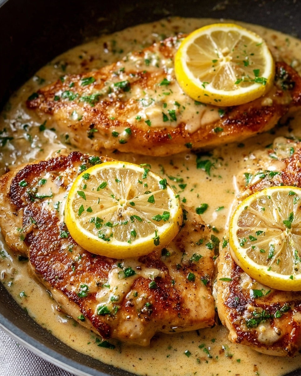 The image shows three browned, grilled pieces of meat lying flat and close to each other, covered in a light tan, creamy sauce with small bits of green herbs scattered on top. Each meat piece has a slightly crisp texture with dark golden grill marks. On top of each meat piece, there is a thin, round yellow lemon slice that has light brown grill marks and a shiny glaze from the sauce. The dish sits on a surface with a white marbled texture. photo taken with an iphone --ar 4:5 --v 7