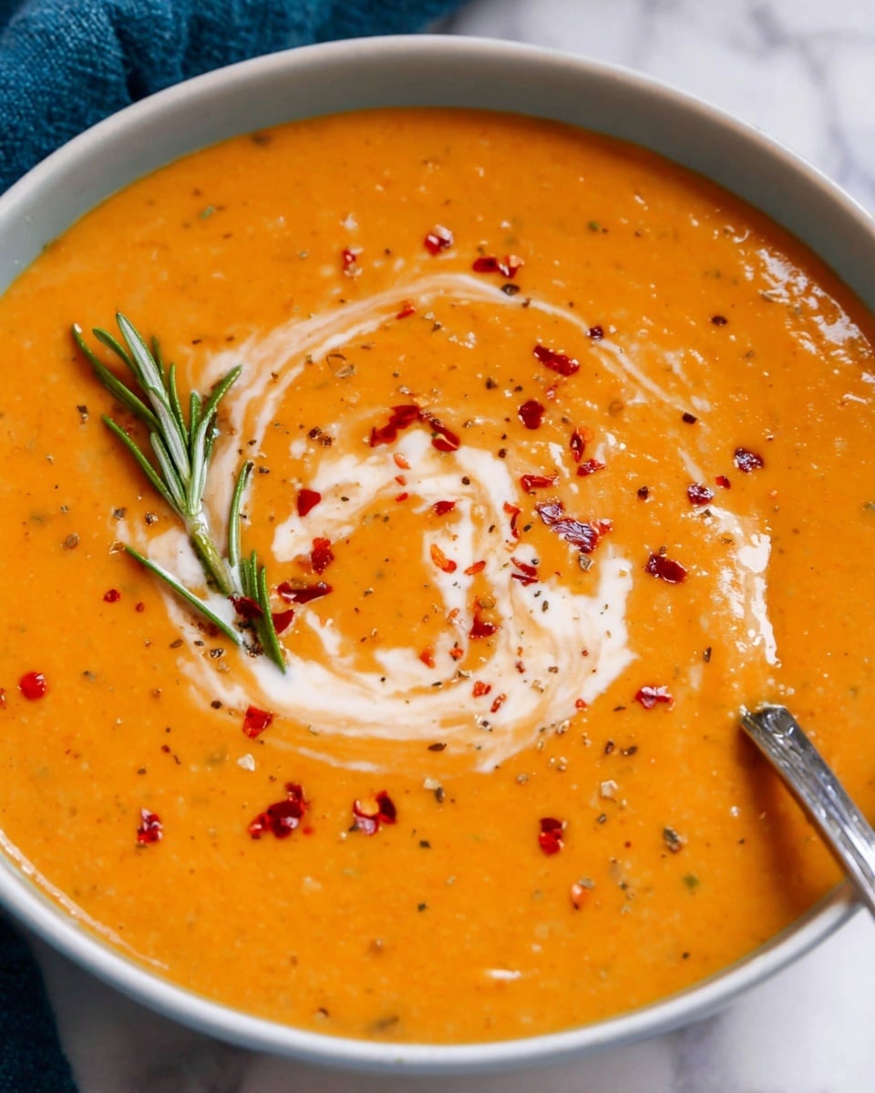 A white bowl filled with creamy orange soup that has a smooth, thick texture. On top, there is a light swirl of white cream forming a circle near the center. In the middle of the cream swirl, there are small red chili flakes scattered, with a small green sprig of rosemary placed on one side. The bowl sits on a white marbled surface with hints of blue around it, and parts of a white cup and a wooden board are visible near the top right edge of the image. Photo taken with an iphone --ar 4:5 --v 7