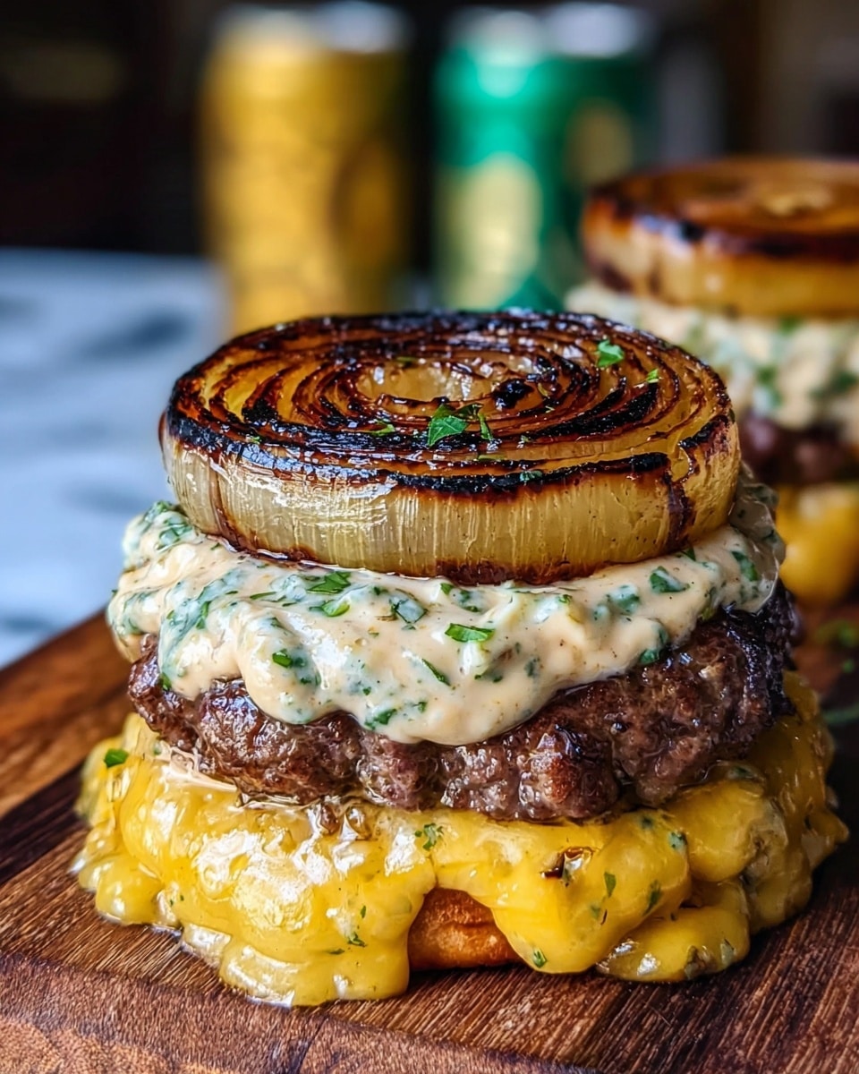 A close-up image of a layered cheeseburger without a bun, placed on a wooden board with a white marbled background. The bottom layer is melted yellow cheese oozing over the edge, showing melted texture with some browned spots. Above the cheese is a thick, juicy beef patty with a grilled, browned surface. On top of the patty lies a creamy light sauce with green herb bits mixed in, giving a slightly lumpy texture. The top layer is a large, round grilled onion slice with dark char marks, giving it a caramelized golden-brown color. In the background, there are slightly blurred grilled onion slices and some colored cans. Photo taken with an iphone --ar 4:5 --v 7