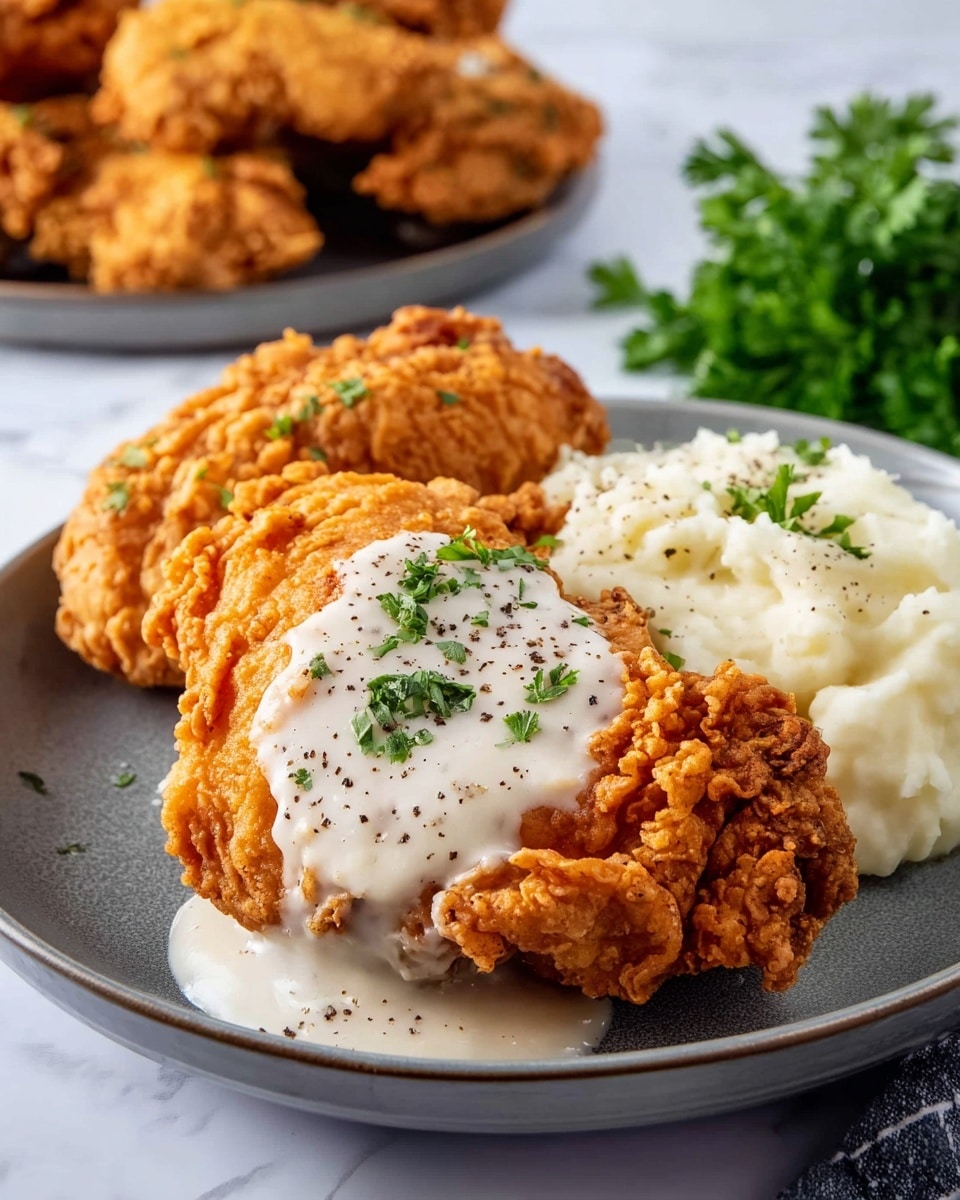 A gray plate holds two pieces of crispy, golden brown fried chicken with a textured, crunchy coating. The front chicken piece is topped with a thick layer of white gravy sprinkled with black pepper. Next to the chicken is a serving of smooth, white mashed potatoes. In the background, there are more pieces of fried chicken and some green parsley placed on a white marbled surface. Photo taken with an iphone --ar 4:5 --v 7